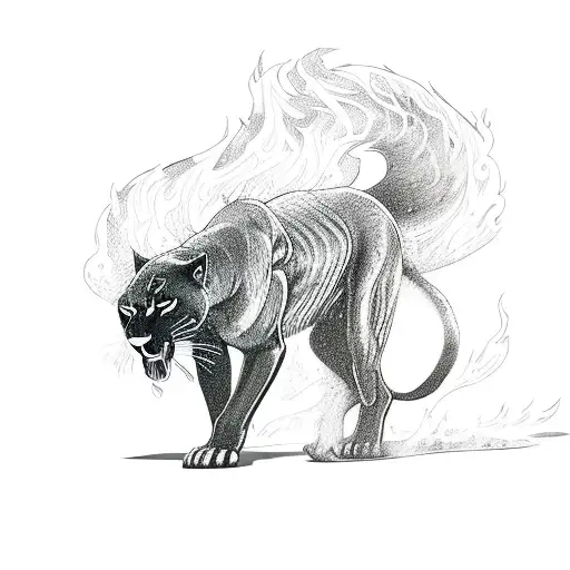 Calm Black Panther Walking Through Flames