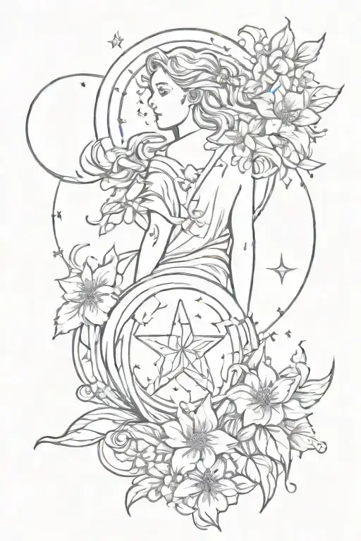Back Tattoo With Virgo Sign And Carituristics And Stars And Flowers
