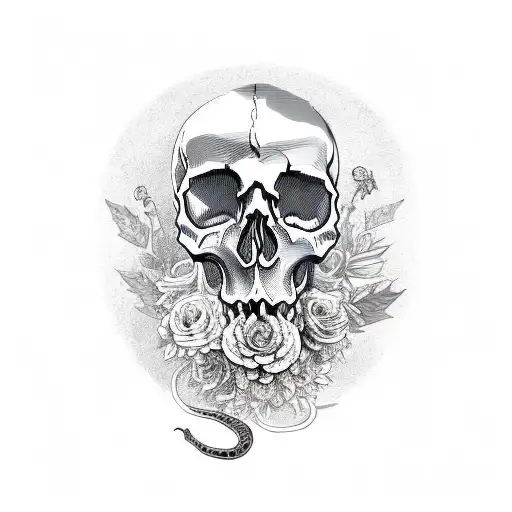 Skull With A Decaying Snake Going In And Out Of It Surrounded By Dead Flowers