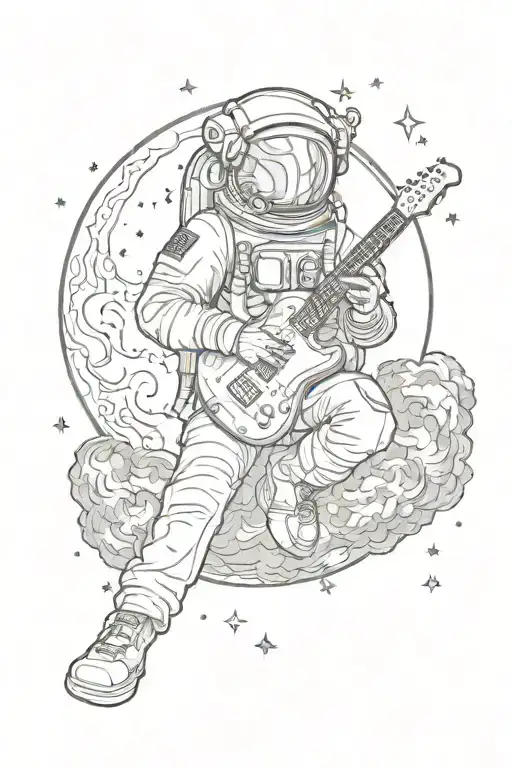 Astronaut Smoking Cigarette With Electric Guitar While Lying On Crescent Moon