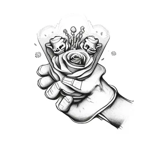 Skeleton Hands Holding A Hand Of Aces With A Flower Bouquet And Pocket Chips