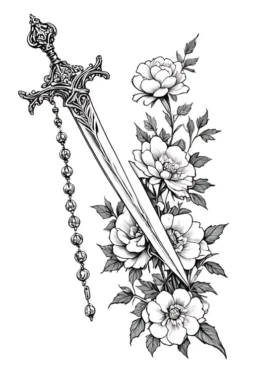Dagger With Rosary And Peonies Growing
