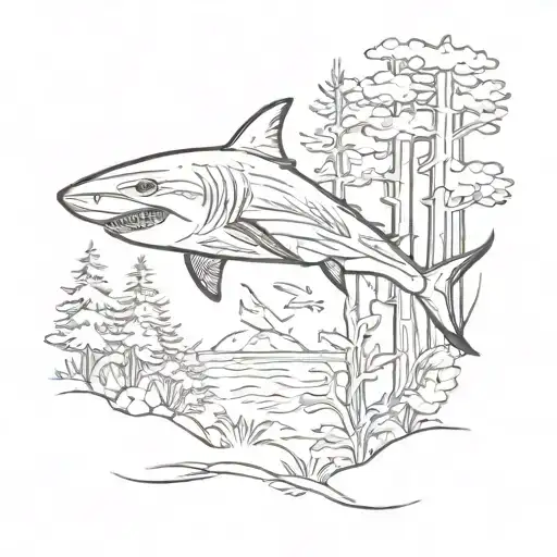 Forest Scene With Silouette Of A Shark Surrounded By Trees