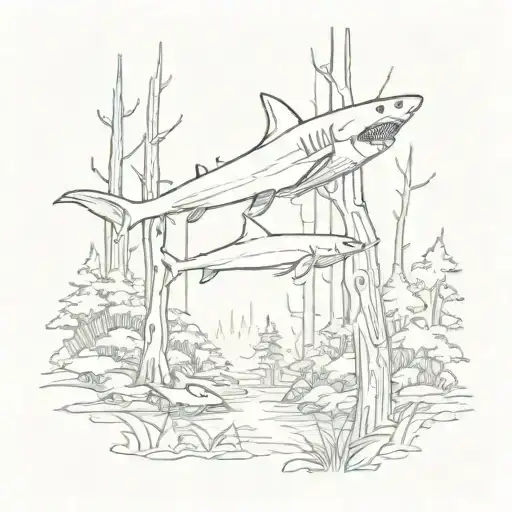 Forest Scene With Outline Of A Shark Hiden In The Trees