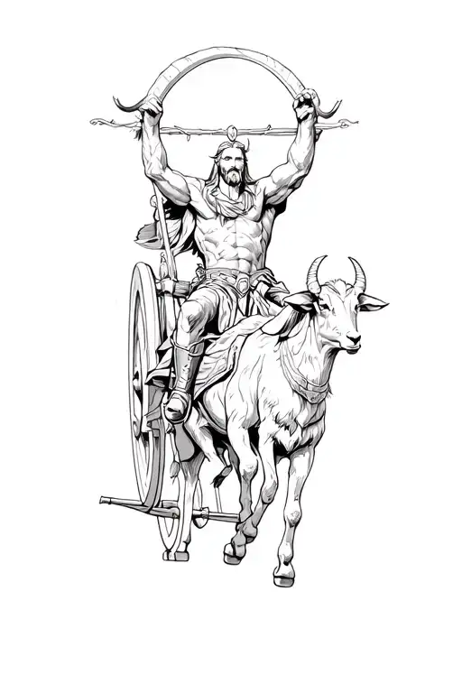 Thor God Riding Chariot Getting Pulled Horned Goats