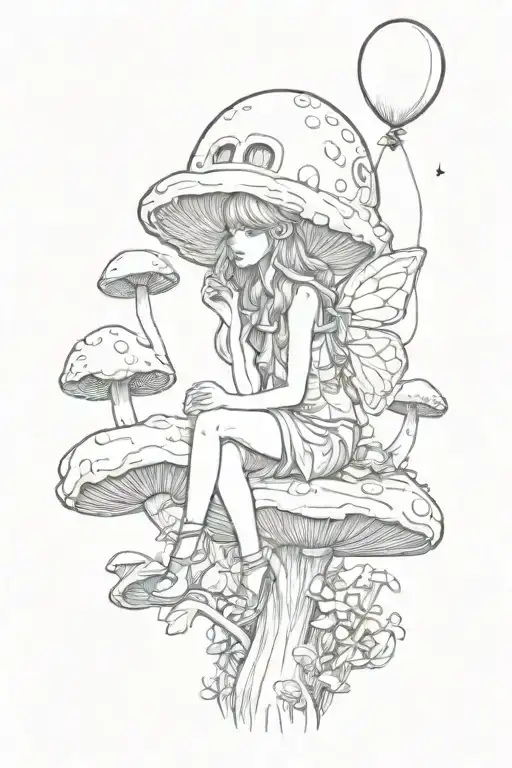 Fairy Sitting On Mushroom Face Away With Balloon