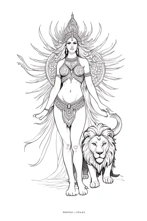 Ishtar Goddess Full Body And Lion