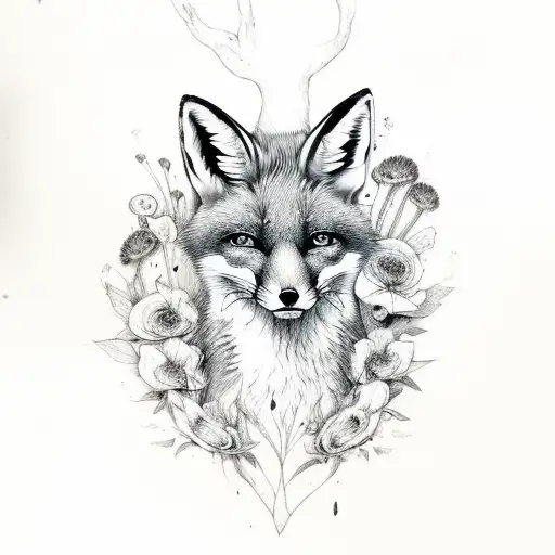Decaying Fox Full Body With Ribs Showing And Flowers And Fungi Growing From It