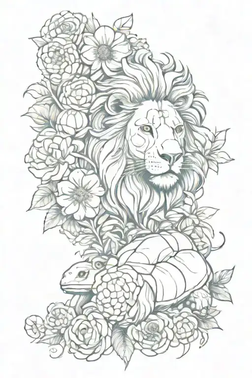 Lion And Turtle And Flowers