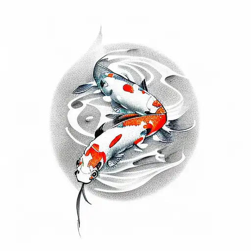 Two Koi Fish Swimming Around Samurai Sword
