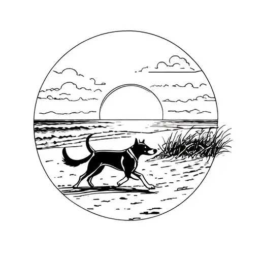 A Sketch Style Tattoo Of A Dog Running On The Beach At Sunset