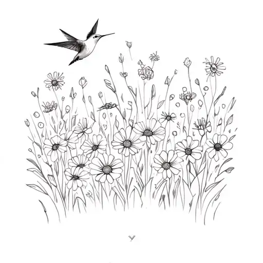 A Sketch Style Tattoo Of A Field Of Wildflowers With A Hummingbird Hovering Above