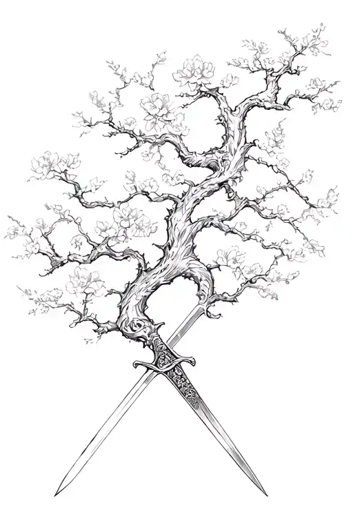 Sword And Charry Blossom Tree
