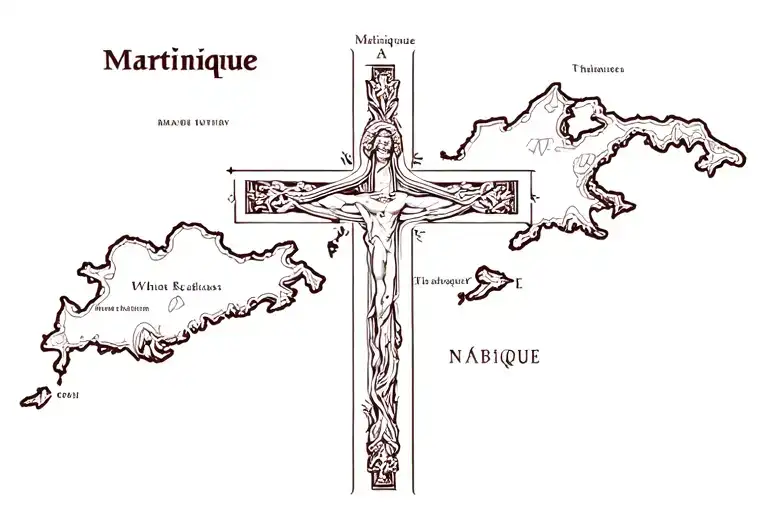 Map Of Martinique And Inlaid Christian Cross