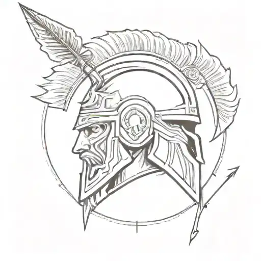 Greek God Ares Symbol With Helmet And An Arrow Going Through It With Ares Spelled Out Below