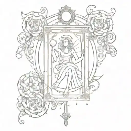 A Sketch Style Tattoo Of A Tarot Card Surrounded By Light And Laughter