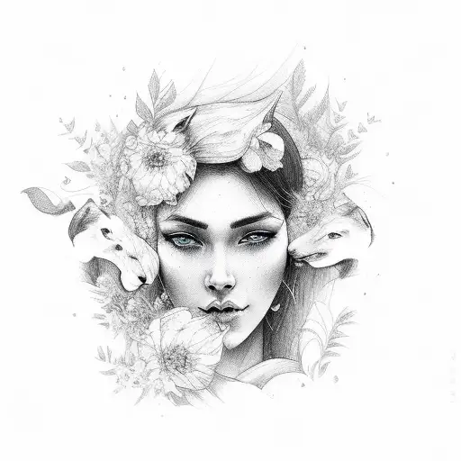 Woman Face With Flower With Wolf