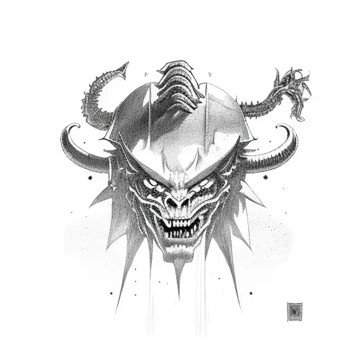 Long Vertical Demon Holding 2 Battleaxes