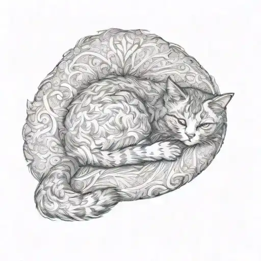 A Cat Curled Up On A Pillow