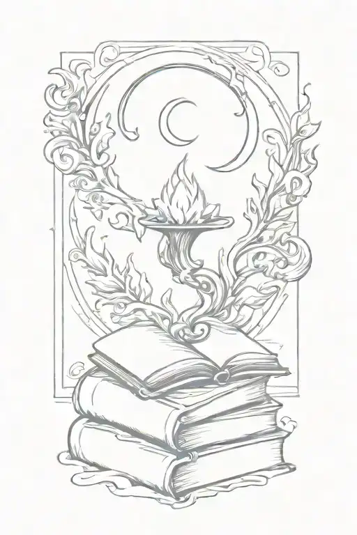 Books With Flames Coming Out Of Top Book With A Sagitarrius Glyph And A Crescent Moon