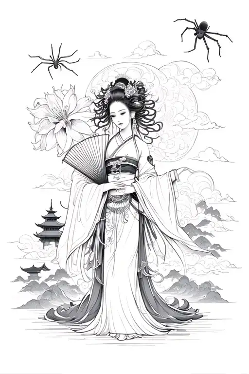 Japanese Geisha As Medusa With Fan And Spider Lily With Clouds And Temple