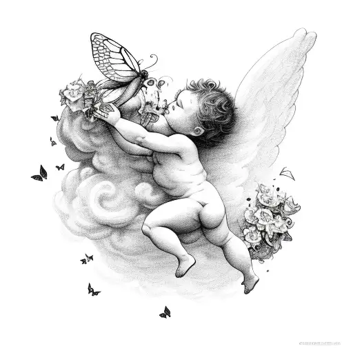 Cherub Sleeping On A Cloud With Butterflies