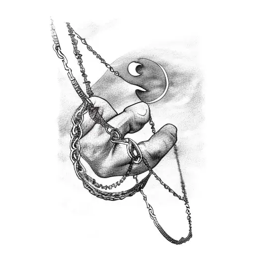 Hand Reaching To Crescent Moon Wrapped In Chains