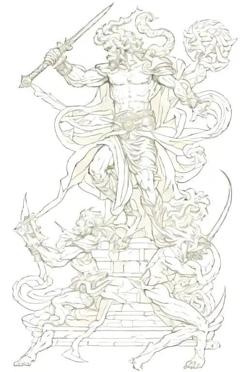 Ares And Medusa And Hades And Posidon Fighting Eachother Very Hard With Their Weapons