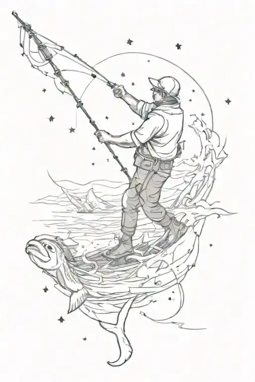 A Bio Mechanical Fisherman Casting A Line Into A Star-filled Ocean
