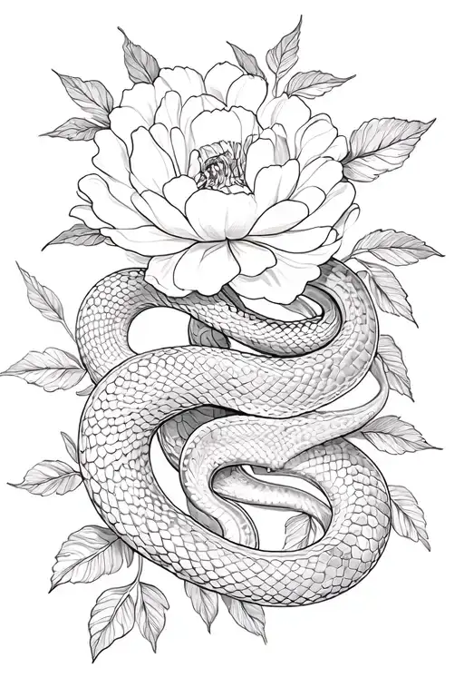 Snake Intertwined In Peony Flowers