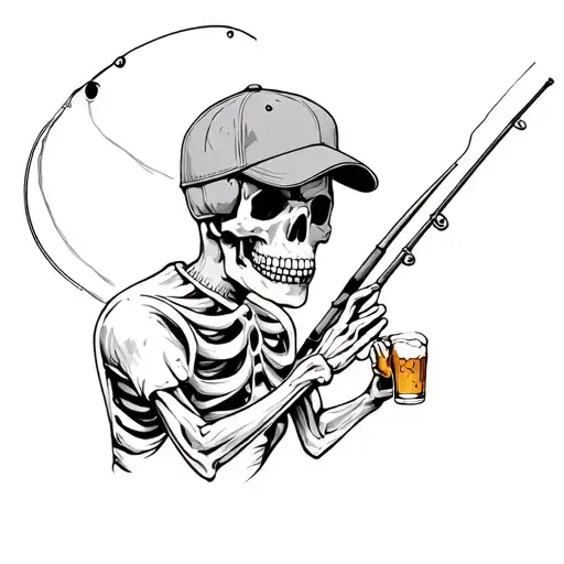 Skeleton Holding A Fishing Rod And And Beer In Wearing Ball Cap