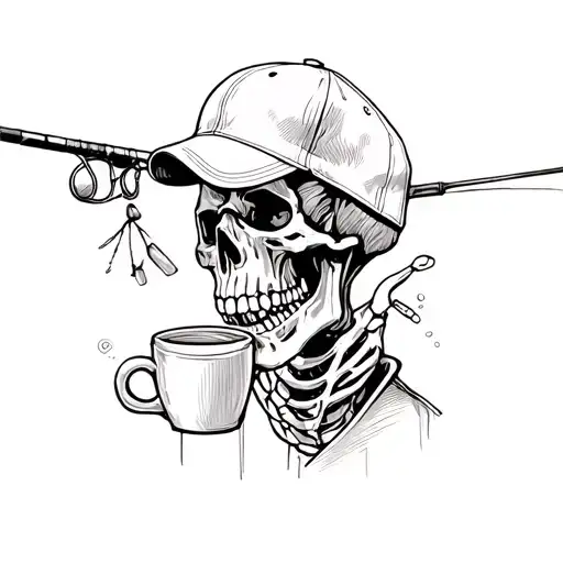 Skeleton Holding A Fishing Rod And And Coffee In Wearing Ball Cap