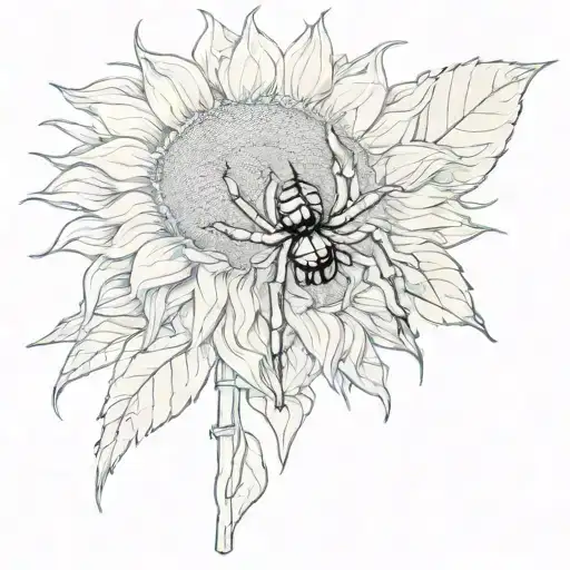 Spider On Top Or In The Middle Of A Sunflower With Two Leafs Poking Out The Stem