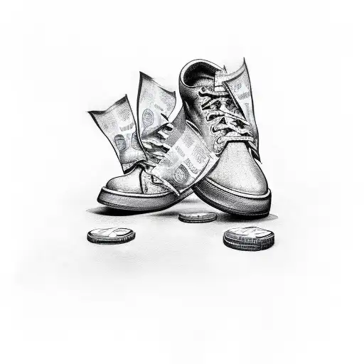 A Sketch-style Tattoo Of A Shoe With Money Pouring Out Of It