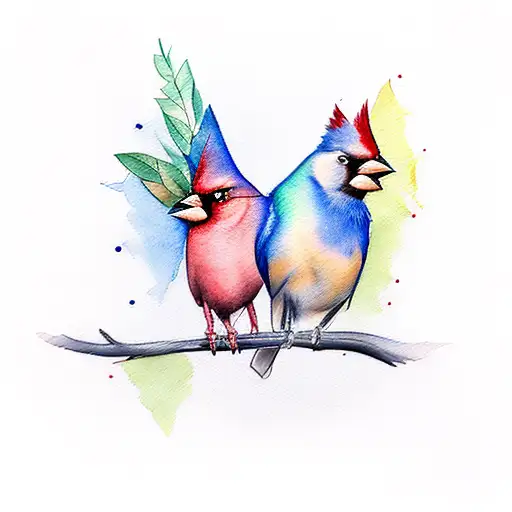 A Tattoo Of Two Watercolor Cardinals Sitting On A Branch