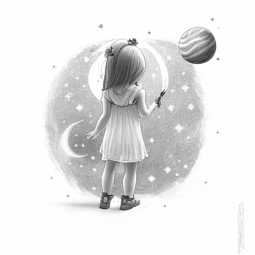 Little Girl Facing Her Back She's Holding Roses Looking Up At A Comet In The Galaxy Of Stars