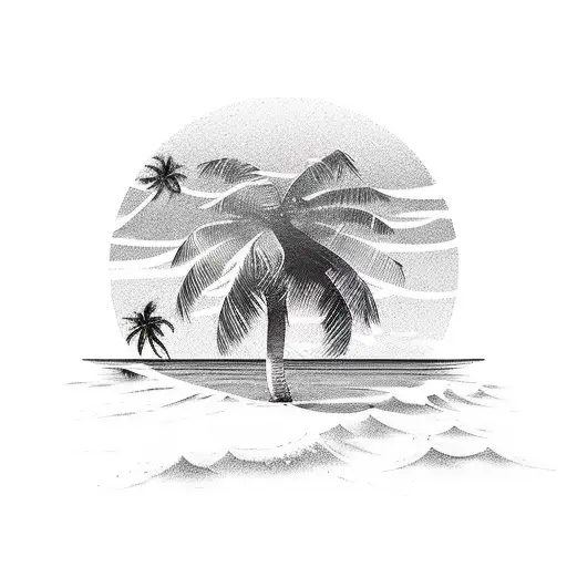 A Beach Scene With Palm Trees And A Disco Ball Reflecting On The Water