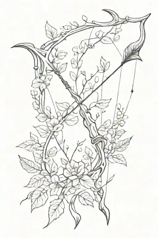 A Minimalist Design Of A Bow And Arrow Intertwined With Vines And Leaves