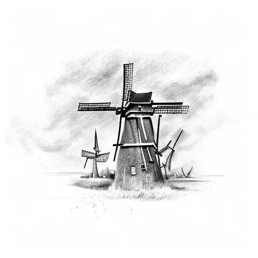 A Detailed Sketch Of Windmills In The Netherlands With Musical Notes Floating In The Background