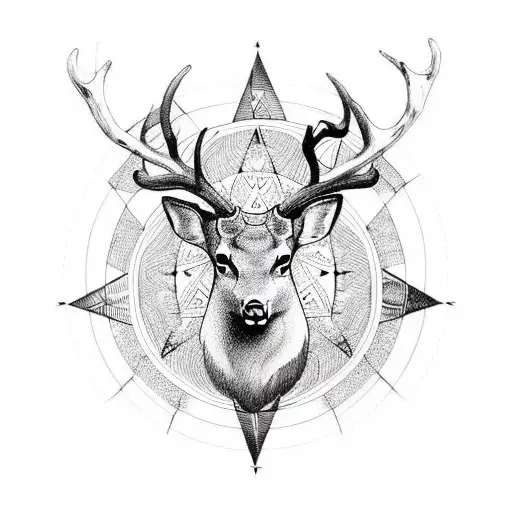A Unique Blackwork Tattoo Depicting A Compass Merging With The Antlers Of A Majestic Deer