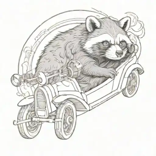 A Sketch Style Tattoo Of A Tanuki Driving A Car Inspired By Japanese Folklore