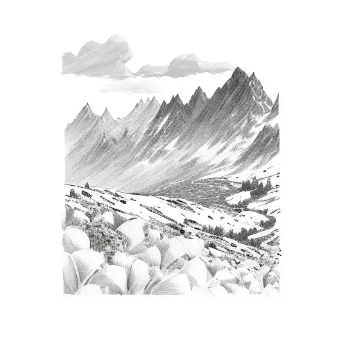 Brush Painting Of Landscape Of Mountain And Flowers