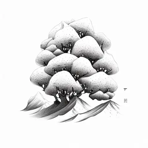 Brush Painting Of Landscape Of Mountain And Flowers