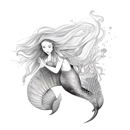 Mermaid With Flowing Hair Swimming Up