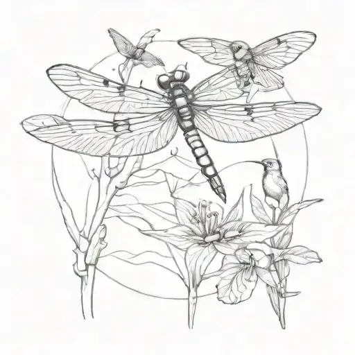 A Dragonfly And Cardinal And Hummingbird In A Landscape
