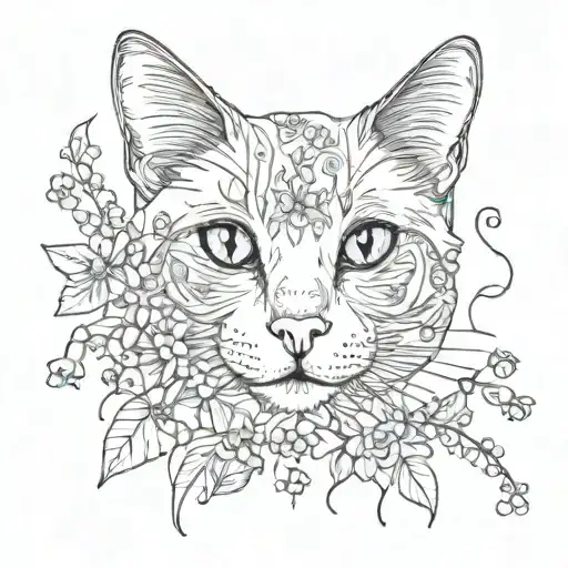 Cat Only Outline Looks Up At The Forget-me-not Flower