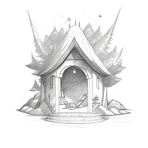 A Sketch-style Tattoo Of A Serene Reading Nook Nestled Among A Mountain Landscape