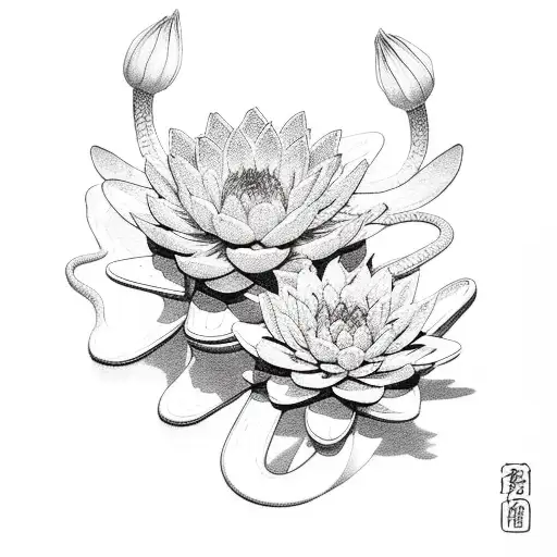 Snake With Chrysanthemums And Water Lilies