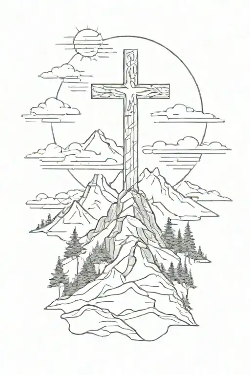 Beautiful Cross On The Top Of A Moutain With Sunrise Integrated