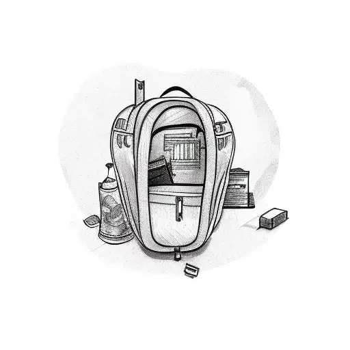 A Sketch-style Tattoo Of A Backpack Filled With Travel Essentials And Souvenirs